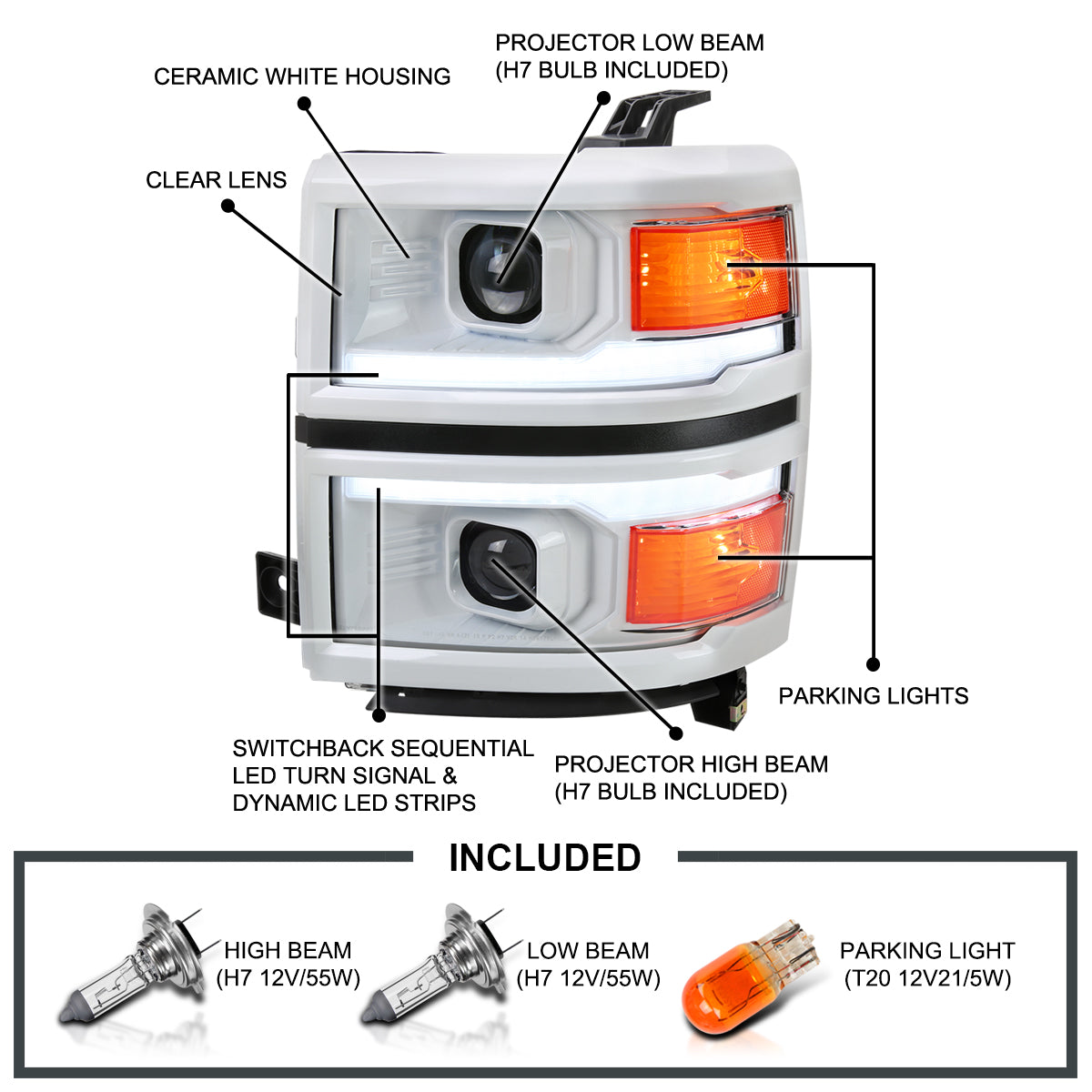 2014-2015 Chevrolet Silverado 1500 Switchback Sequential LED Bar Projector Headlights (White Housing/Clear Lens/Black Trim)