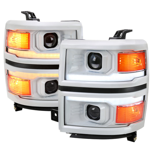2014-2015 Chevrolet Silverado 1500 Switchback Sequential LED Bar Projector Headlights (White Housing/Clear Lens/Black Trim)