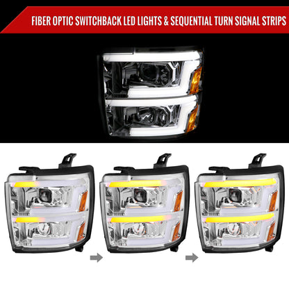 2015-2019 Chevrolet Silverado 2500HD/3500HD Switchback Sequential LED Turn Signal Projector Headlights (Chrome Housing/Clear Lens)