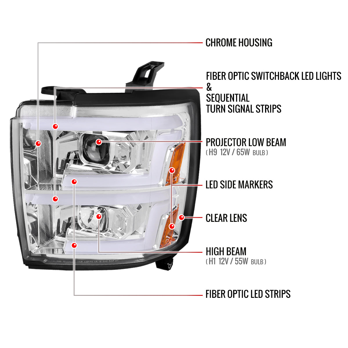 2015-2019 Chevrolet Silverado 2500HD/3500HD Switchback Sequential LED Turn Signal Projector Headlights (Chrome Housing/Clear Lens)