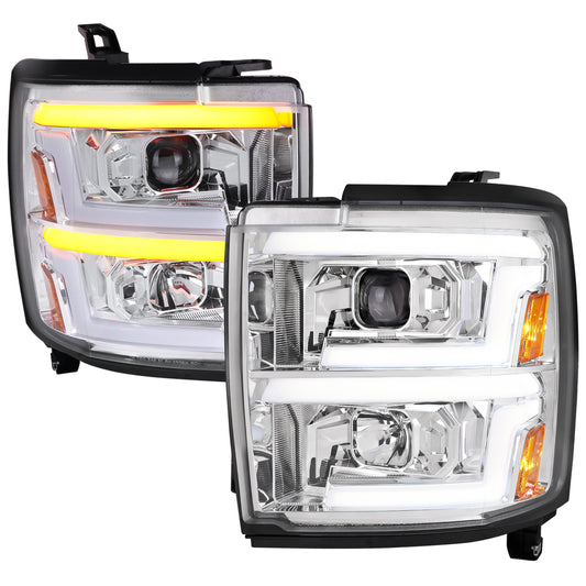 2015-2019 Chevrolet Silverado 2500HD/3500HD Switchback Sequential LED Turn Signal Projector Headlights (Chrome Housing/Clear Lens)