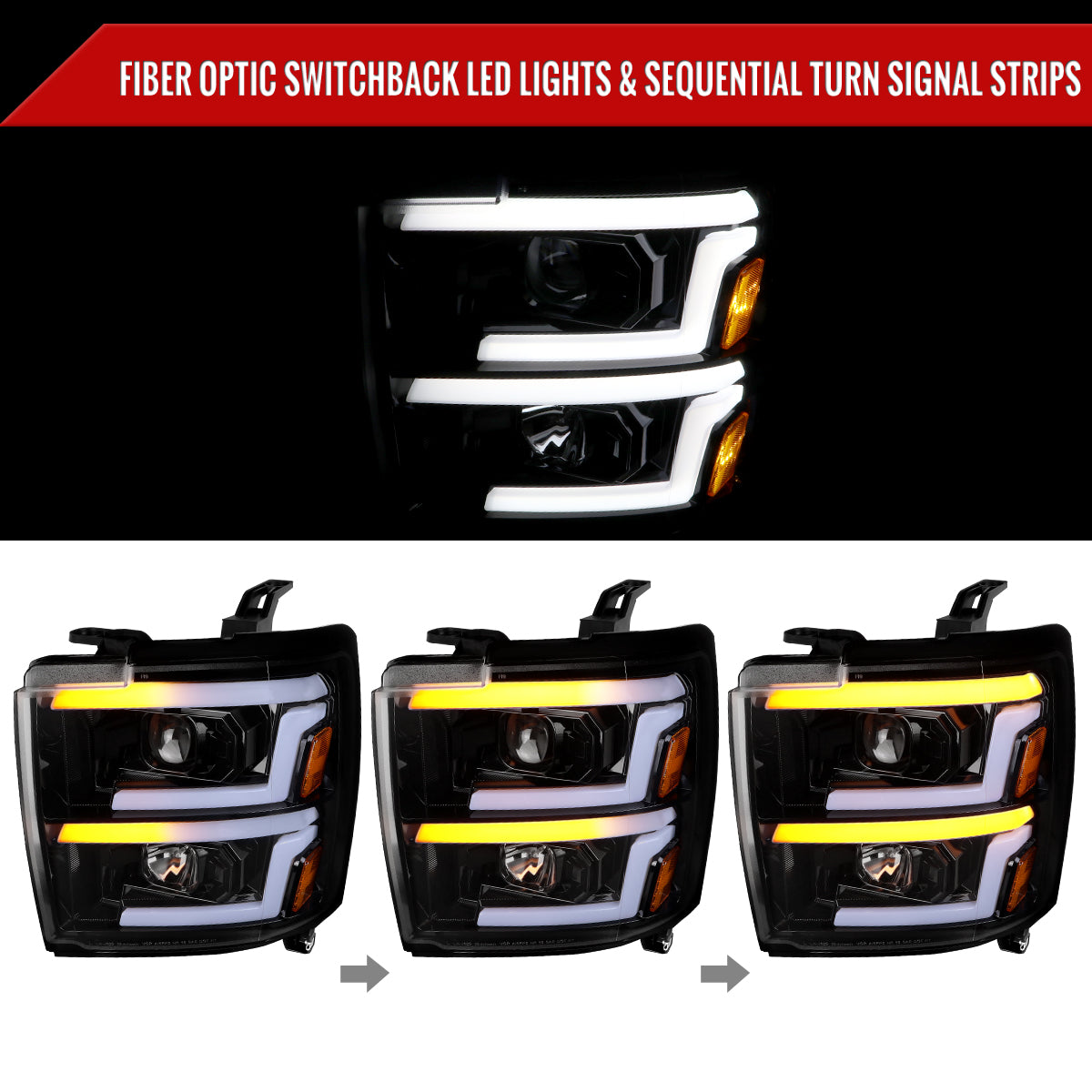 2015-2019 Chevrolet Silverado 2500HD/3500HD Switchback Sequential LED Turn Signal Projector Headlights (Glossy Black Housing/Smoked Lens)