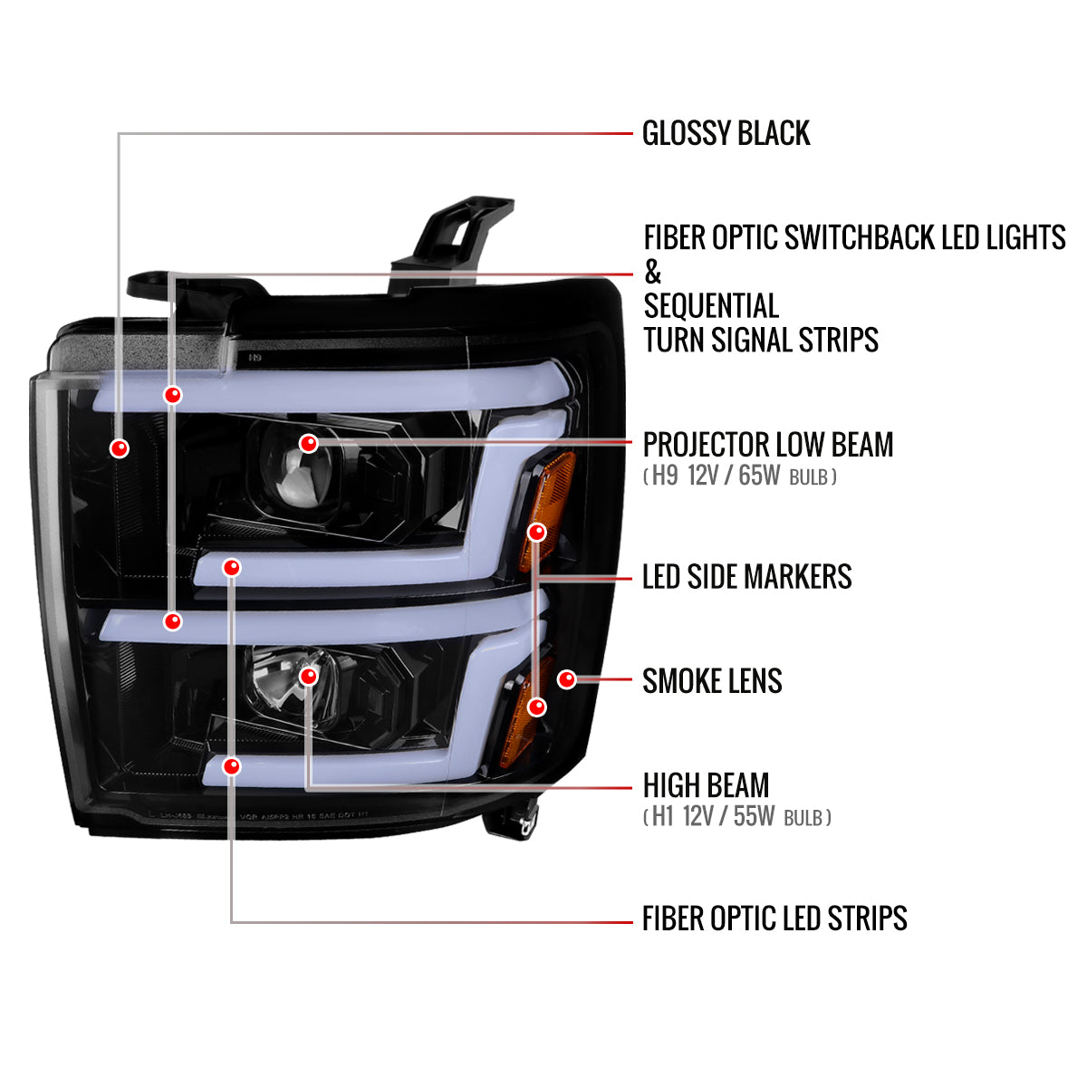 2015-2019 Chevrolet Silverado 2500HD/3500HD Switchback Sequential LED Turn Signal Projector Headlights (Glossy Black Housing/Smoked Lens)
