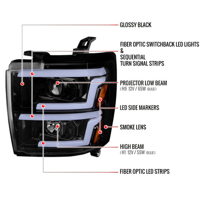 2015-2019 Chevrolet Silverado 2500HD/3500HD Switchback Sequential LED Turn Signal Projector Headlights (Glossy Black Housing/Smoked Lens)
