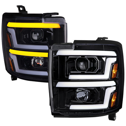 2015-2019 Chevrolet Silverado 2500HD/3500HD Switchback Sequential LED Turn Signal Projector Headlights (Glossy Black Housing/Smoked Lens)