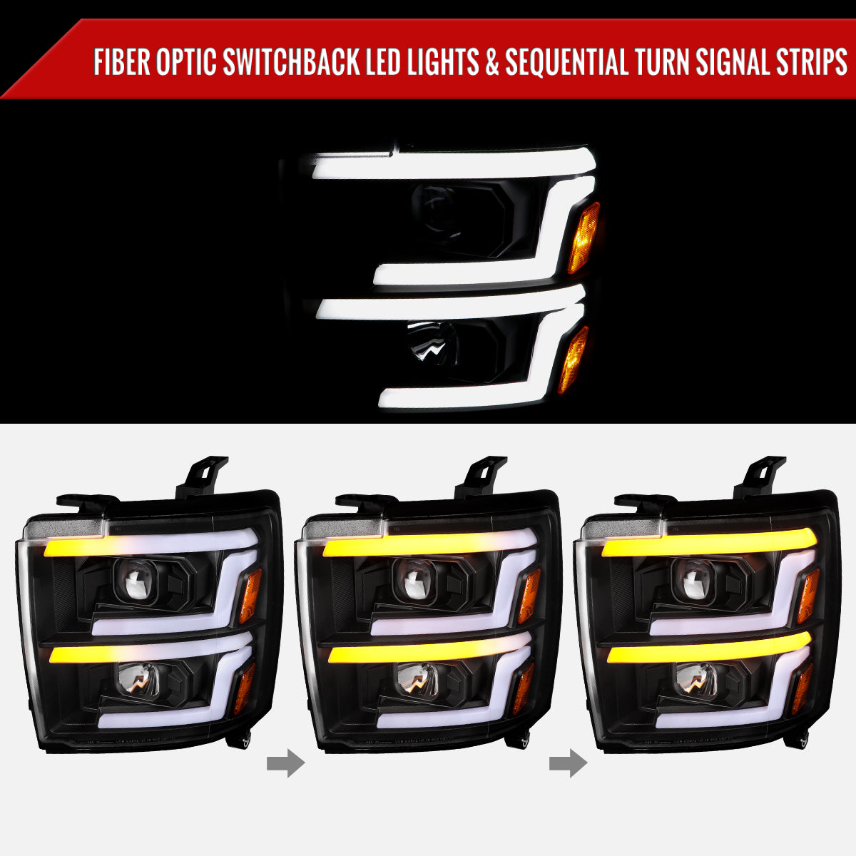2015-2019 Chevrolet Silverado 2500HD/3500HD Switchback Sequential LED Turn Signal Projector Headlights (Matte Black Housing/Clear Lens)