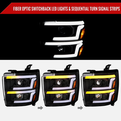 2015-2019 Chevrolet Silverado 2500HD/3500HD Switchback Sequential LED Turn Signal Projector Headlights (Matte Black Housing/Clear Lens)