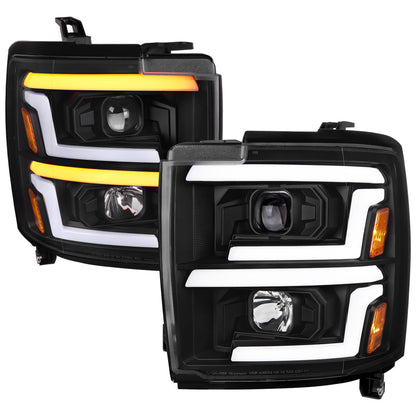 2015-2019 Chevrolet Silverado 2500HD/3500HD Switchback Sequential LED Turn Signal Projector Headlights (Matte Black Housing/Clear Lens)