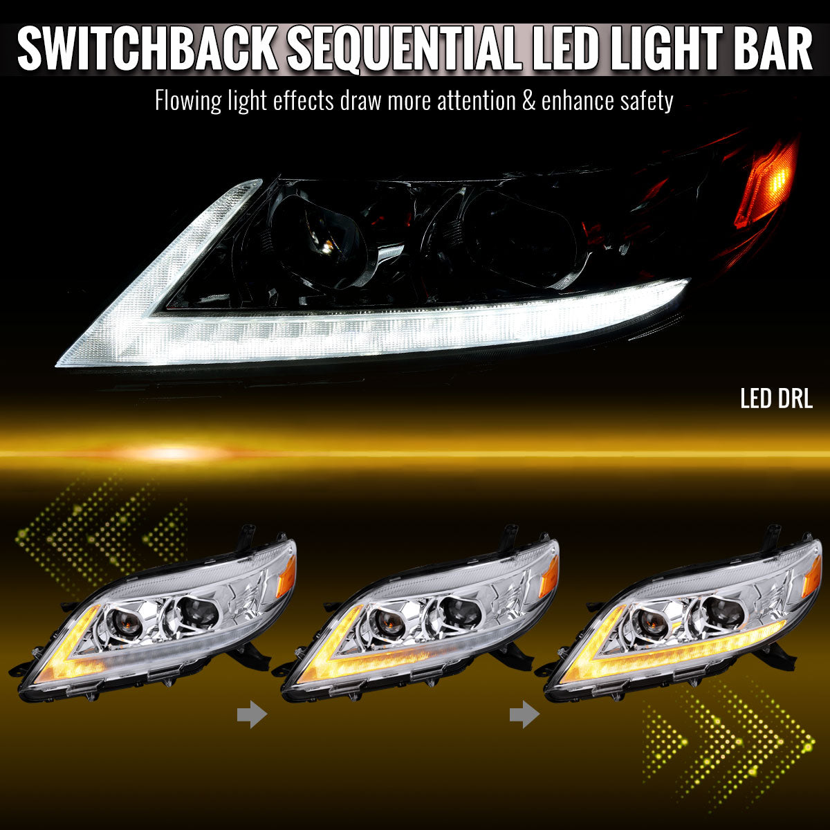 2011-2020 Toyota Sienna Switchback Sequential LED Bar Projector Headlights (Chrome Housing / Clear Lens)