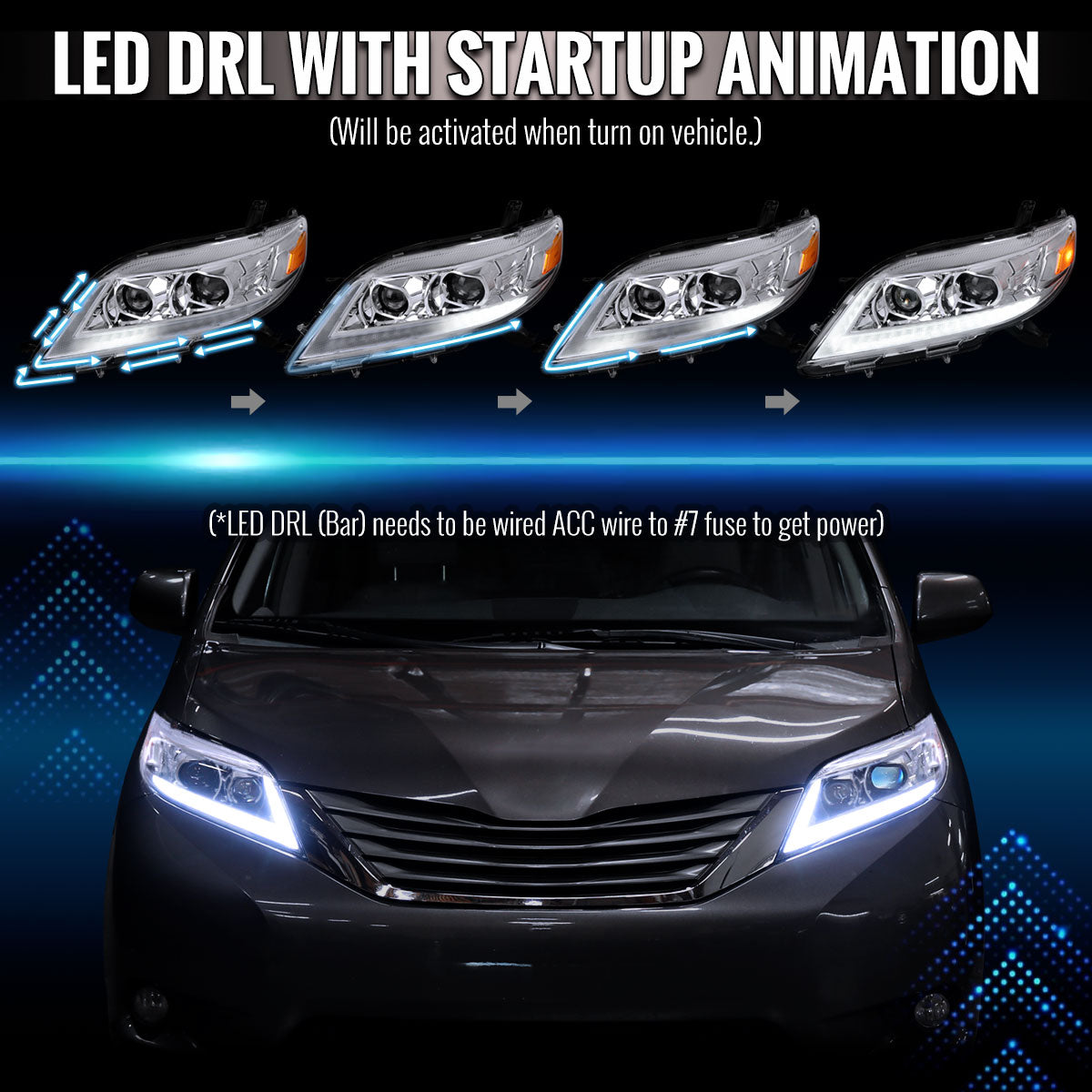 2011-2020 Toyota Sienna Switchback Sequential LED Bar Projector Headlights (Chrome Housing / Clear Lens)