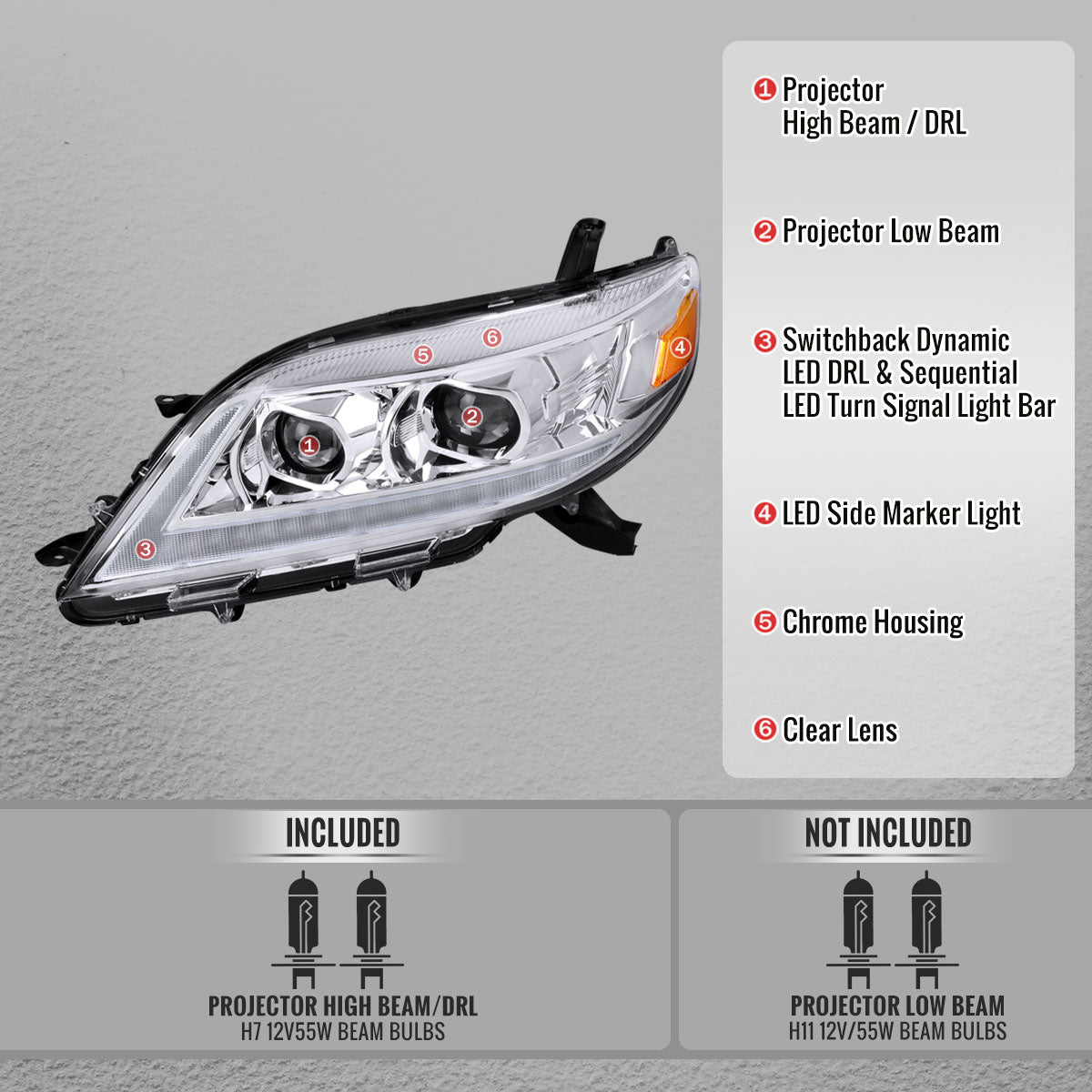 2011-2020 Toyota Sienna Switchback Sequential LED Bar Projector Headlights (Chrome Housing / Clear Lens)