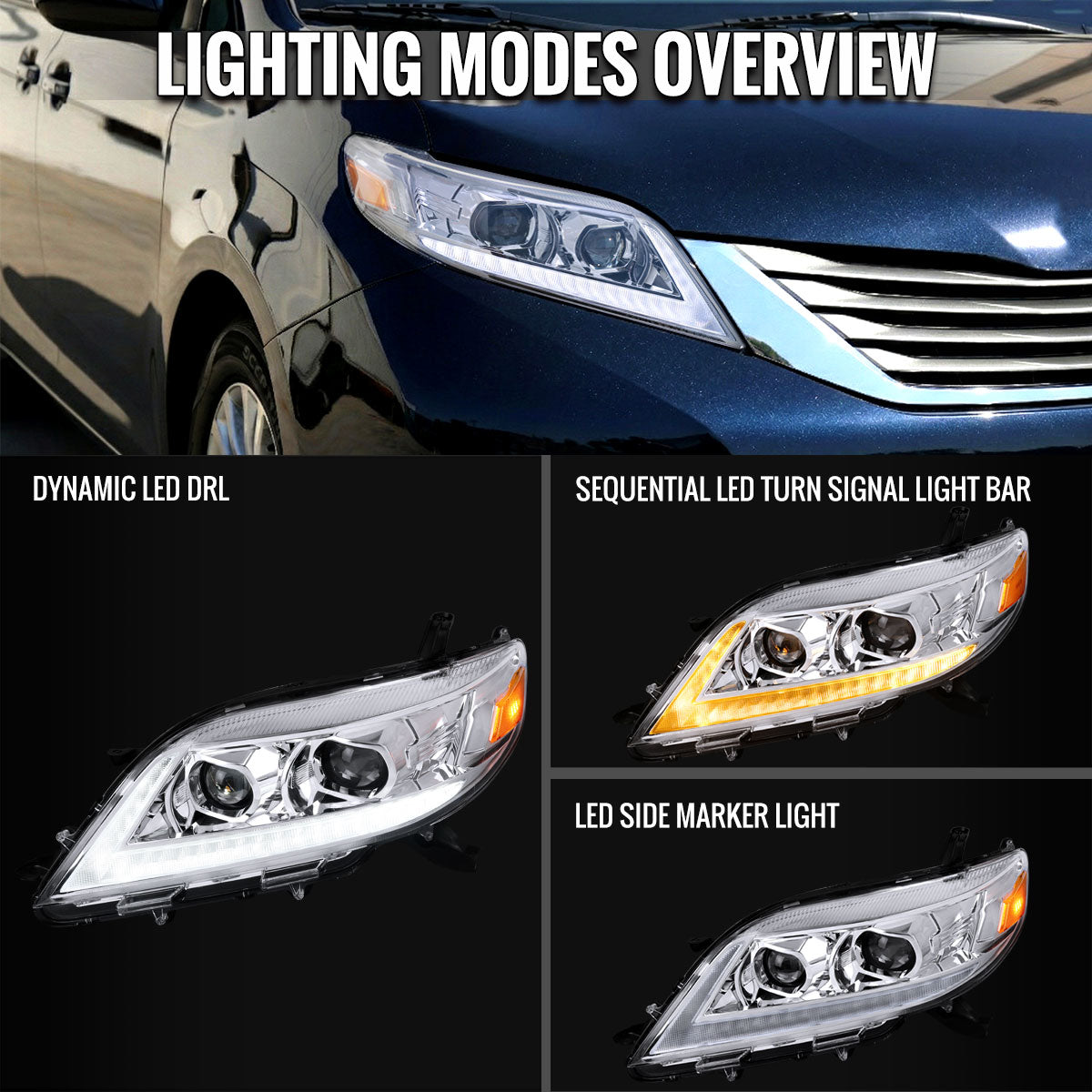 2011-2020 Toyota Sienna Switchback Sequential LED Bar Projector Headlights (Chrome Housing / Clear Lens)