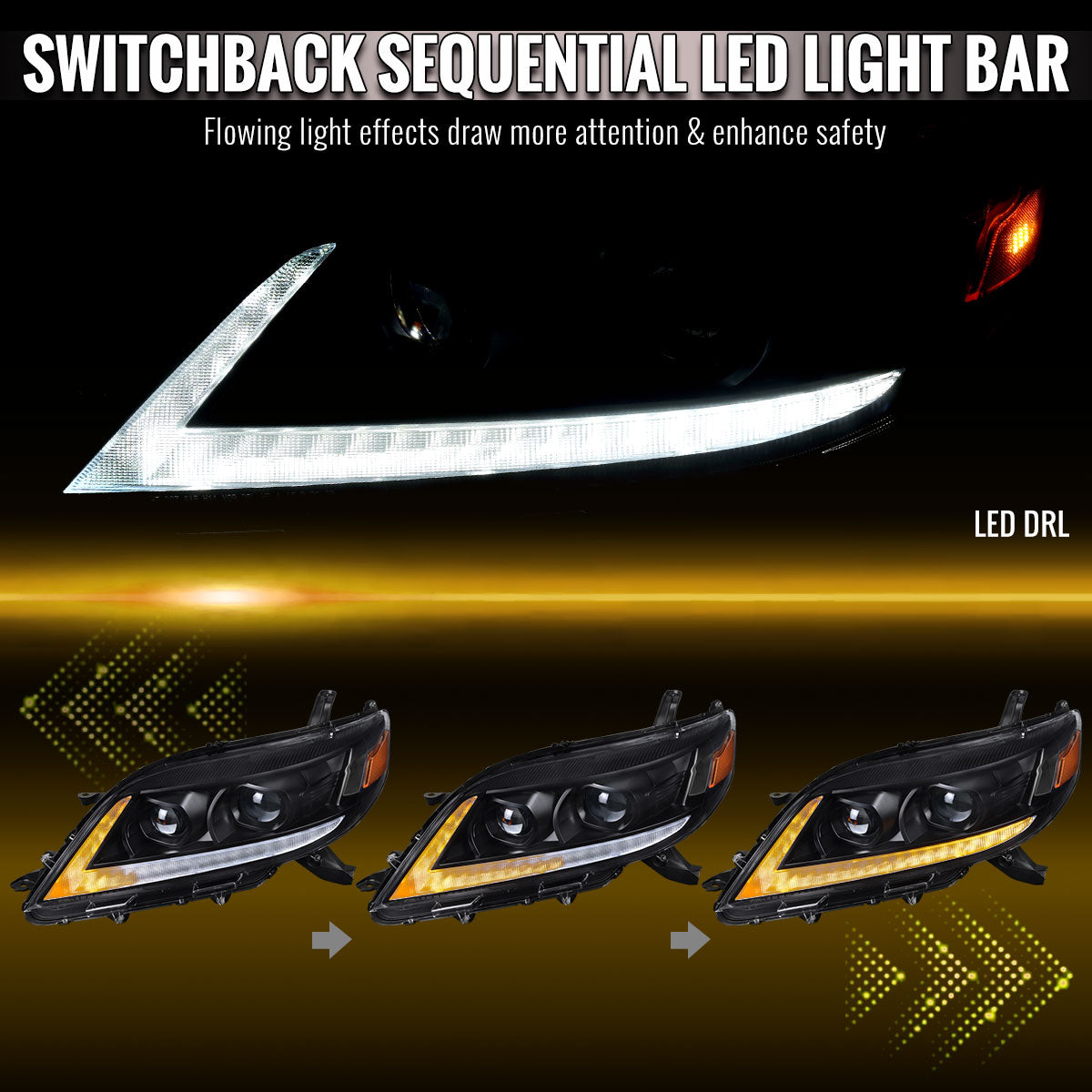 2011-2020 Toyota Sienna Switchback Sequential LED Bar Projector Headlights (Black Housing / Clear Lens)