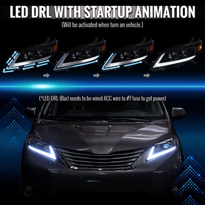 2011-2020 Toyota Sienna Switchback Sequential LED Bar Projector Headlights (Black Housing / Clear Lens)