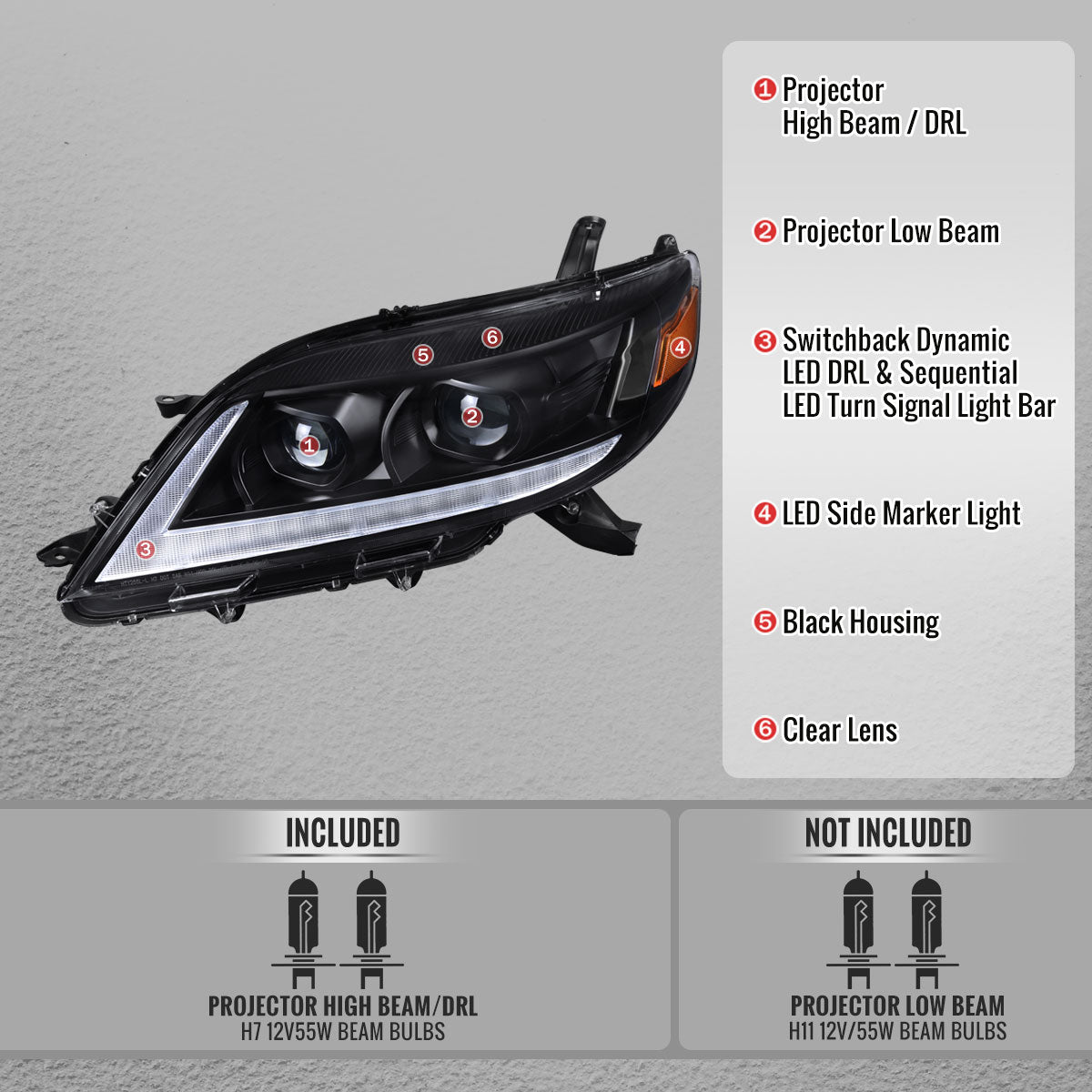 2011-2020 Toyota Sienna Switchback Sequential LED Bar Projector Headlights (Black Housing / Clear Lens)