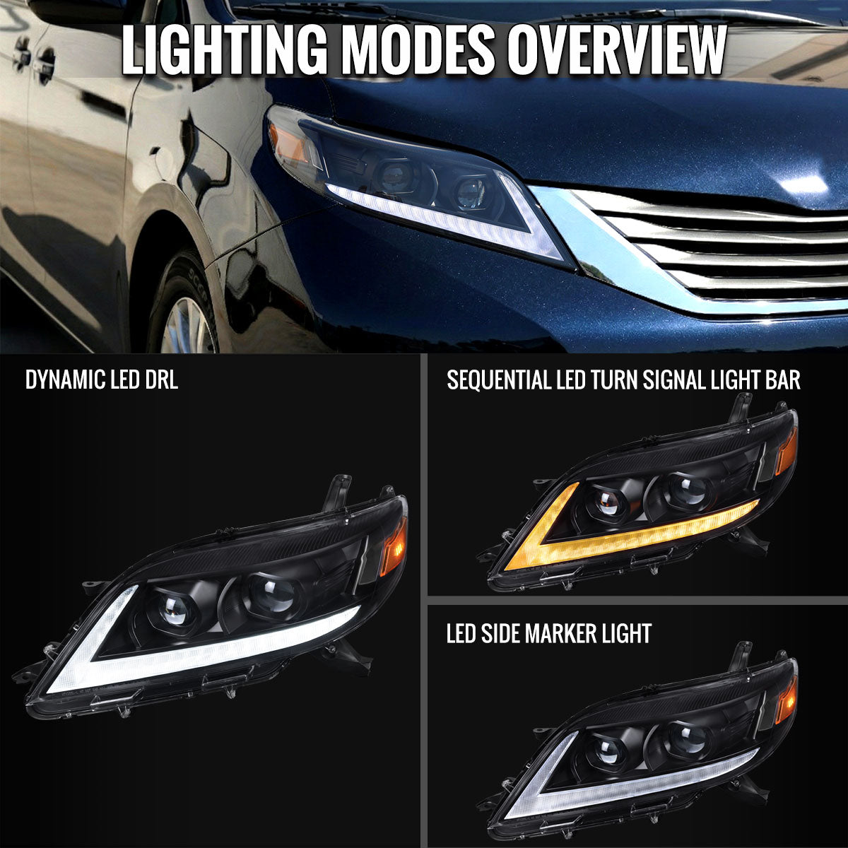 2011-2020 Toyota Sienna Switchback Sequential LED Bar Projector Headlights (Black Housing / Clear Lens)