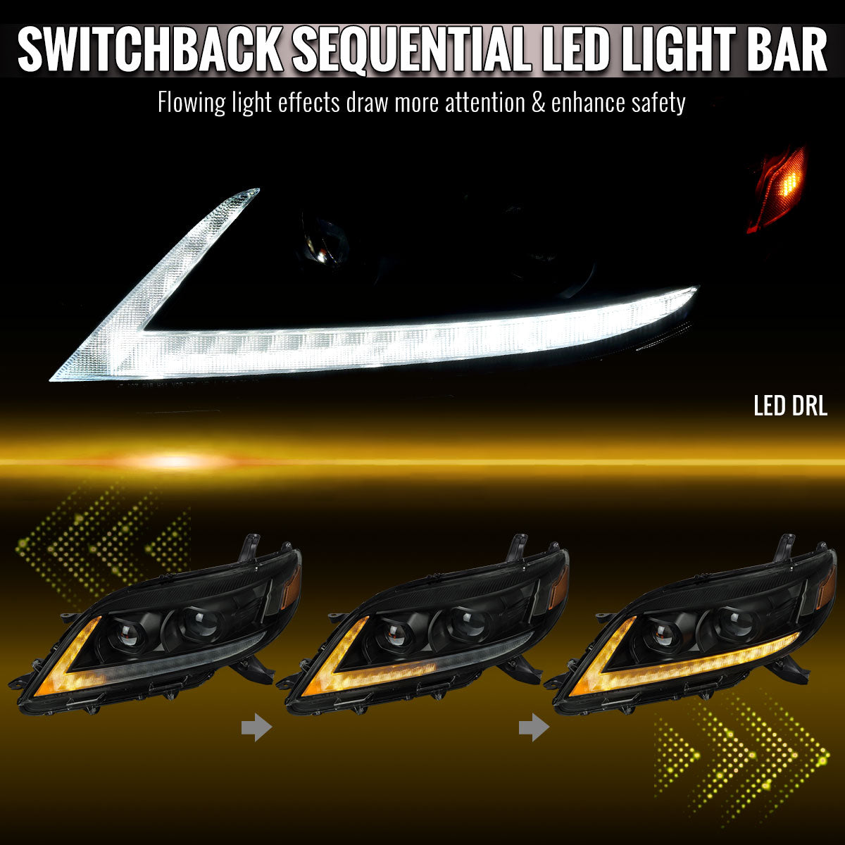 2011-2020 Toyota Sienna Switchback Sequential LED Bar Projector Headlights (Black Housing / Smoked Lens)