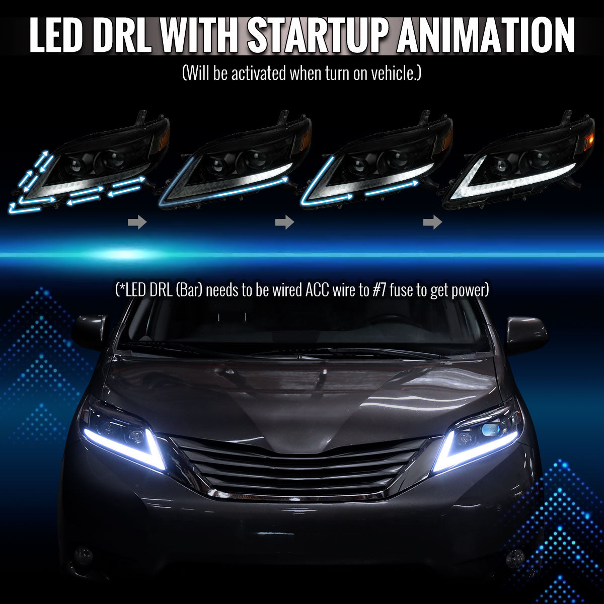 2011-2020 Toyota Sienna Switchback Sequential LED Bar Projector Headlights (Black Housing / Smoked Lens)