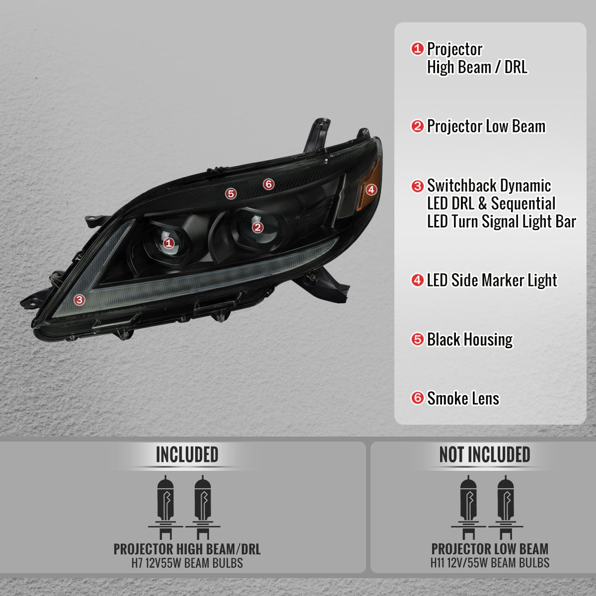 2011-2020 Toyota Sienna Switchback Sequential LED Bar Projector Headlights (Black Housing / Smoked Lens)