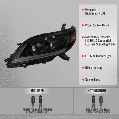 2011-2020 Toyota Sienna Switchback Sequential LED Bar Projector Headlights (Black Housing / Smoked Lens)