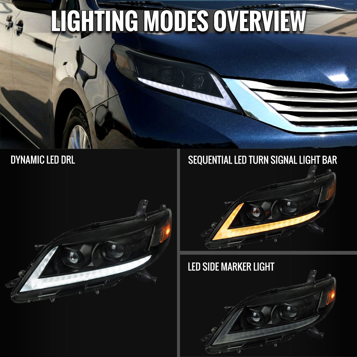 2011-2020 Toyota Sienna Switchback Sequential LED Bar Projector Headlights (Black Housing / Smoked Lens)