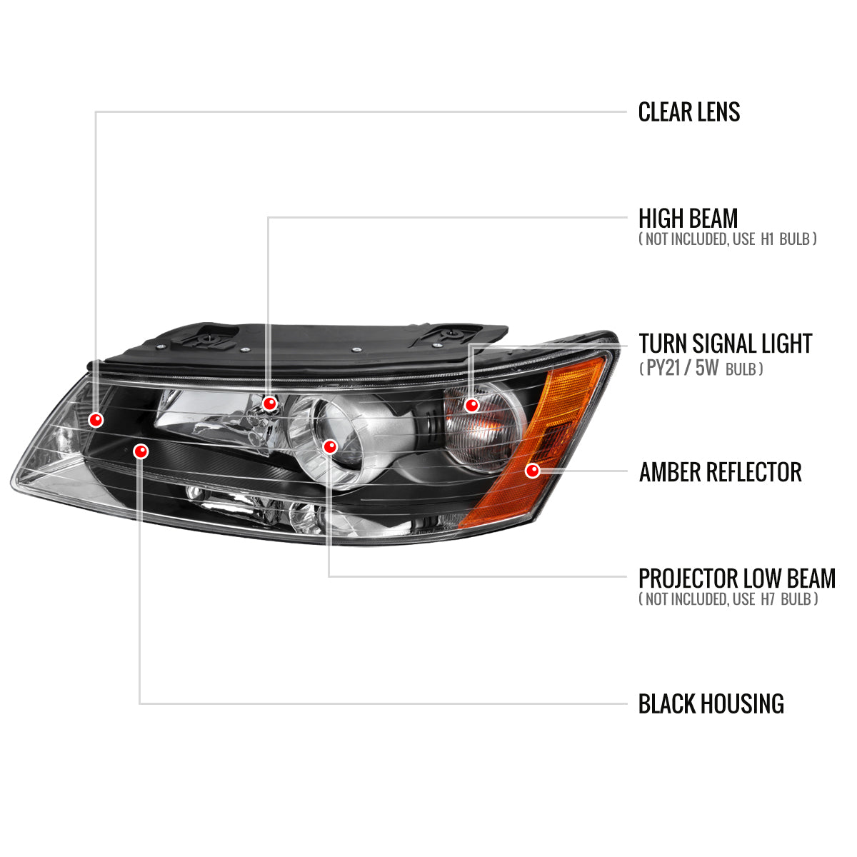 2006-2008 Hyundai Sonata Projector Style Headlights (Matte Black Housing/Clear Lens)