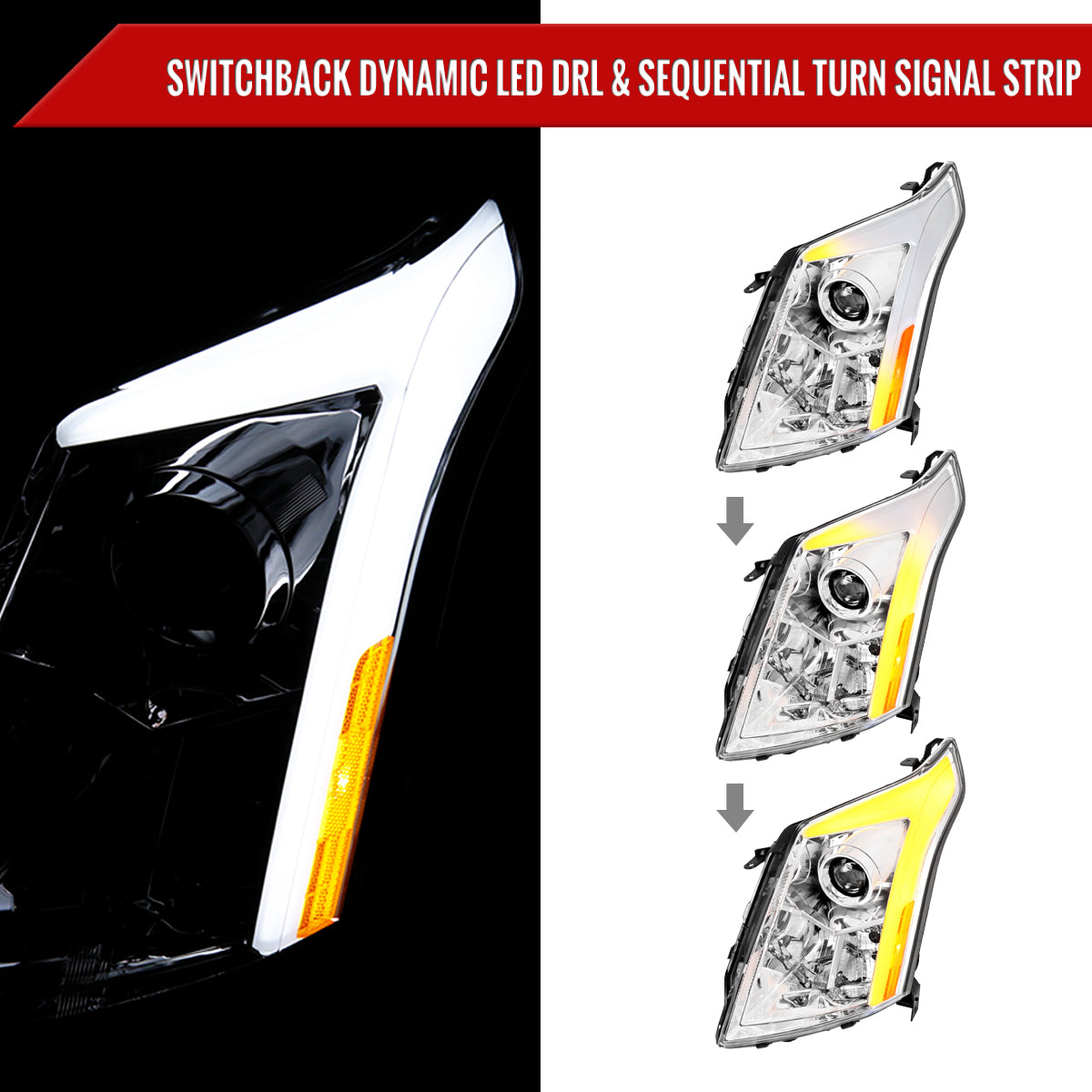 2010-2016 Cadillac SRX Projector Headlights w/ Switchback Sequential Turn Signal LED Bar (Chrome Housing/Clear Lens)