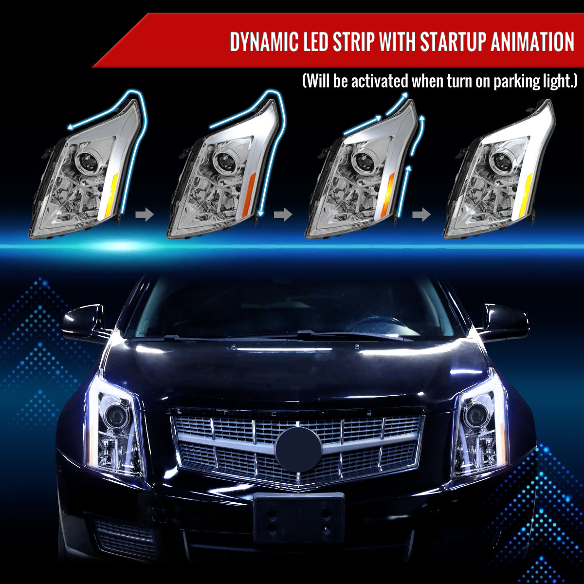 2010-2016 Cadillac SRX Projector Headlights w/ Switchback Sequential Turn Signal LED Bar (Chrome Housing/Clear Lens)