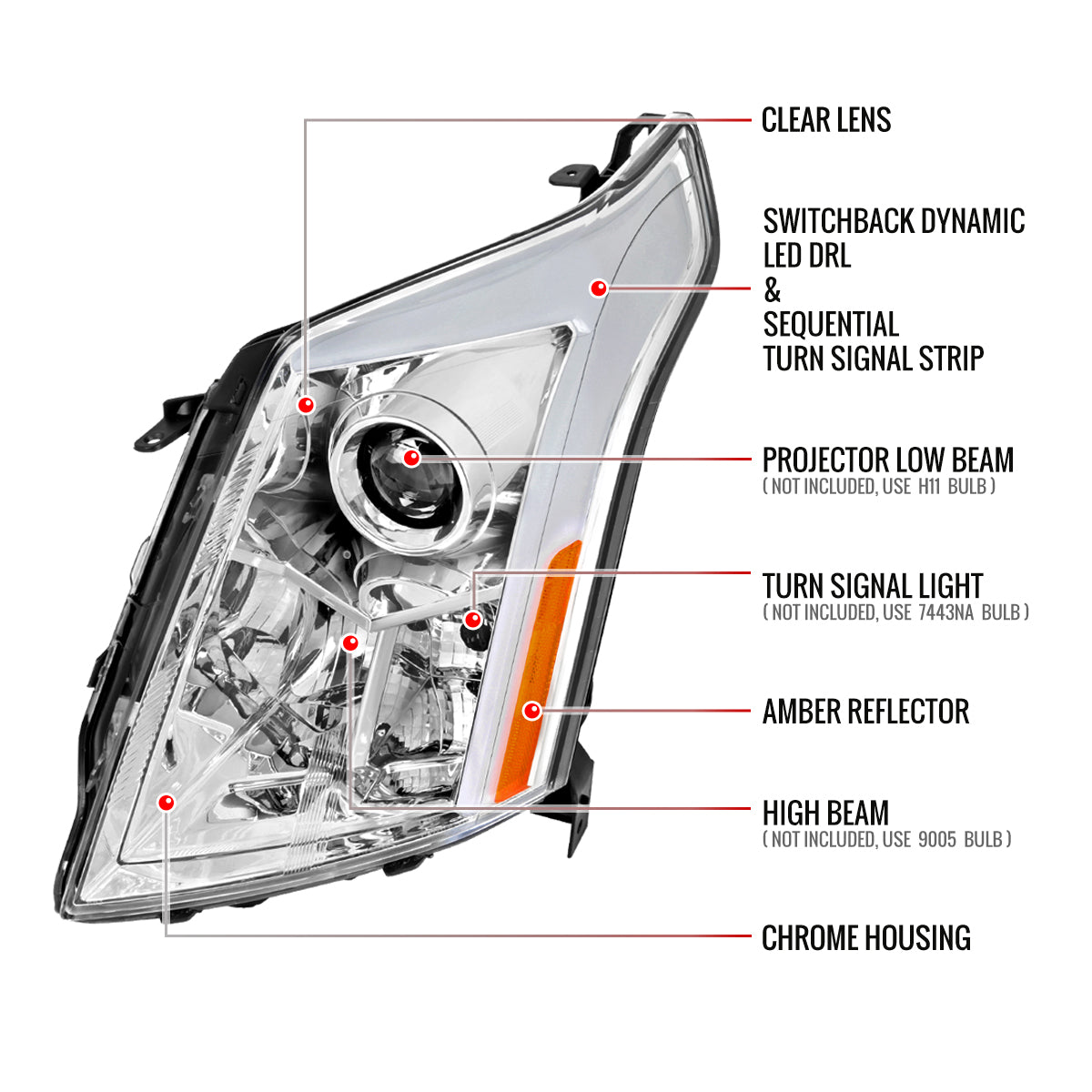 2010-2016 Cadillac SRX Projector Headlights w/ Switchback Sequential Turn Signal LED Bar (Chrome Housing/Clear Lens)