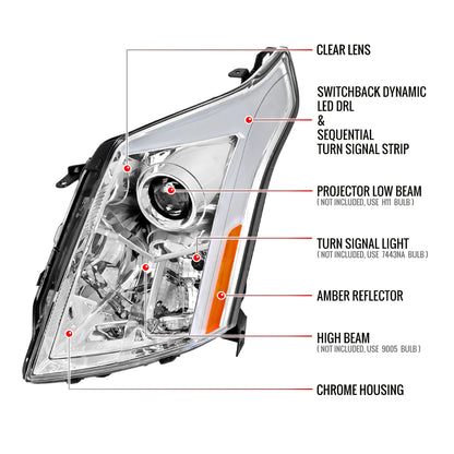 2010-2016 Cadillac SRX Projector Headlights w/ Switchback Sequential Turn Signal LED Bar (Chrome Housing/Clear Lens)