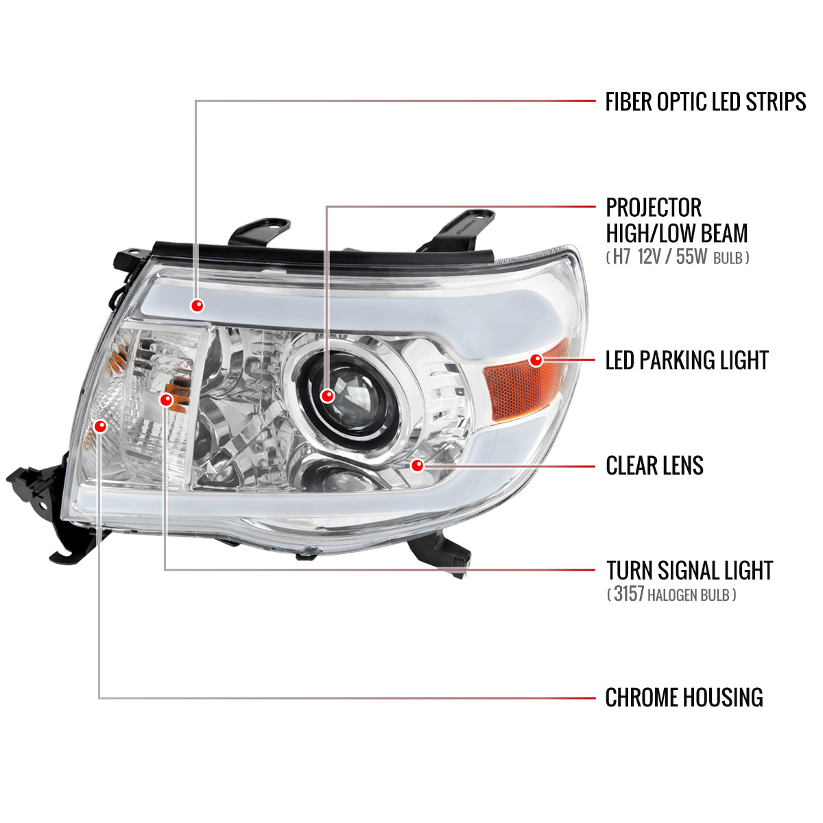 2005-2011 Toyota Tacoma LED Bar Projector Headlights (Chrome Housing/Clear Lens)