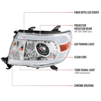 2005-2011 Toyota Tacoma LED Bar Projector Headlights (Chrome Housing/Clear Lens)