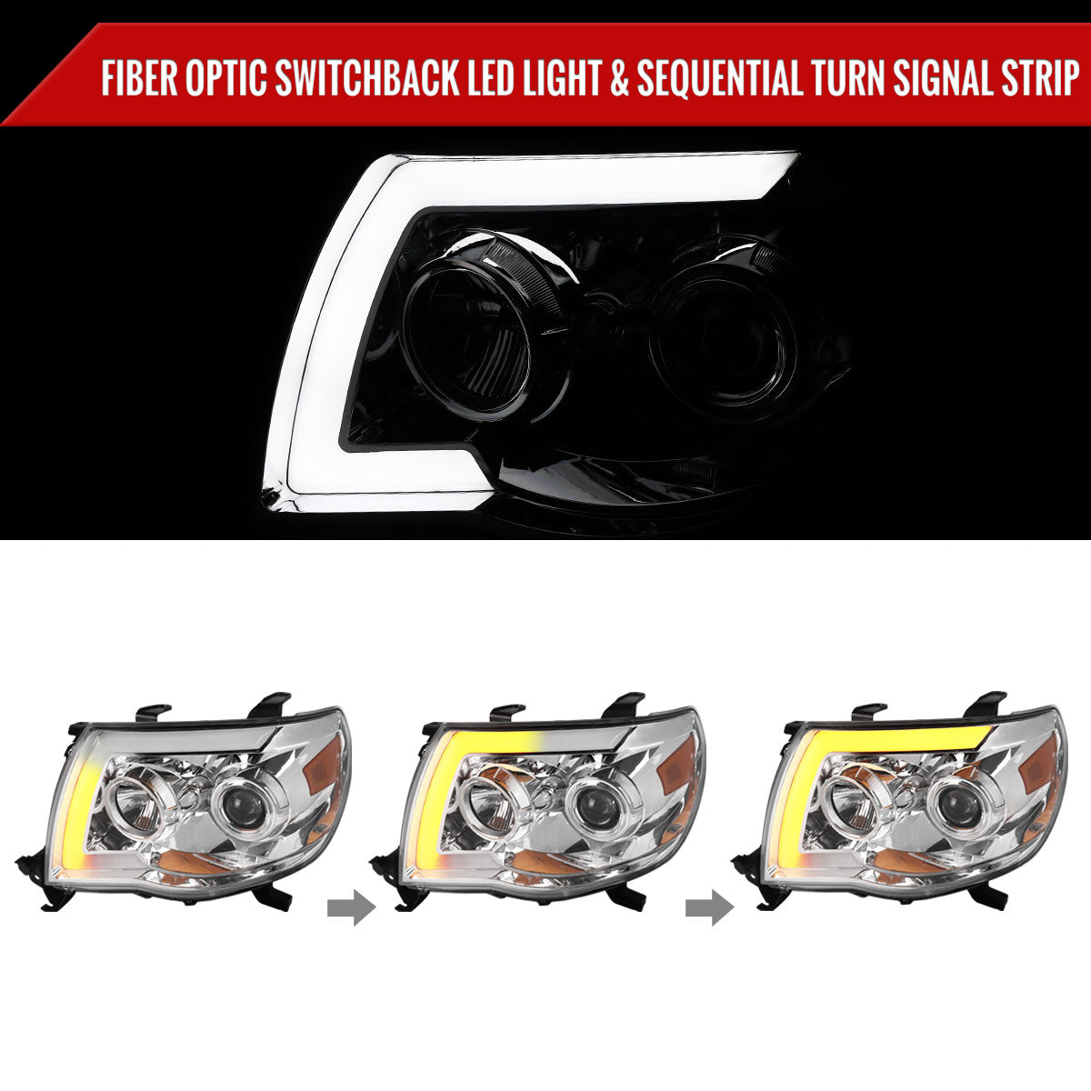 2005-2011 Toyota Tacoma LED Bar Projector Headlights w/ Sequential Turn Signal Lights (Chrome Housing/Clear Lens)