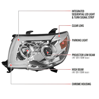 2005-2011 Toyota Tacoma LED Bar Projector Headlights w/ Sequential Turn Signal Lights (Chrome Housing/Clear Lens)