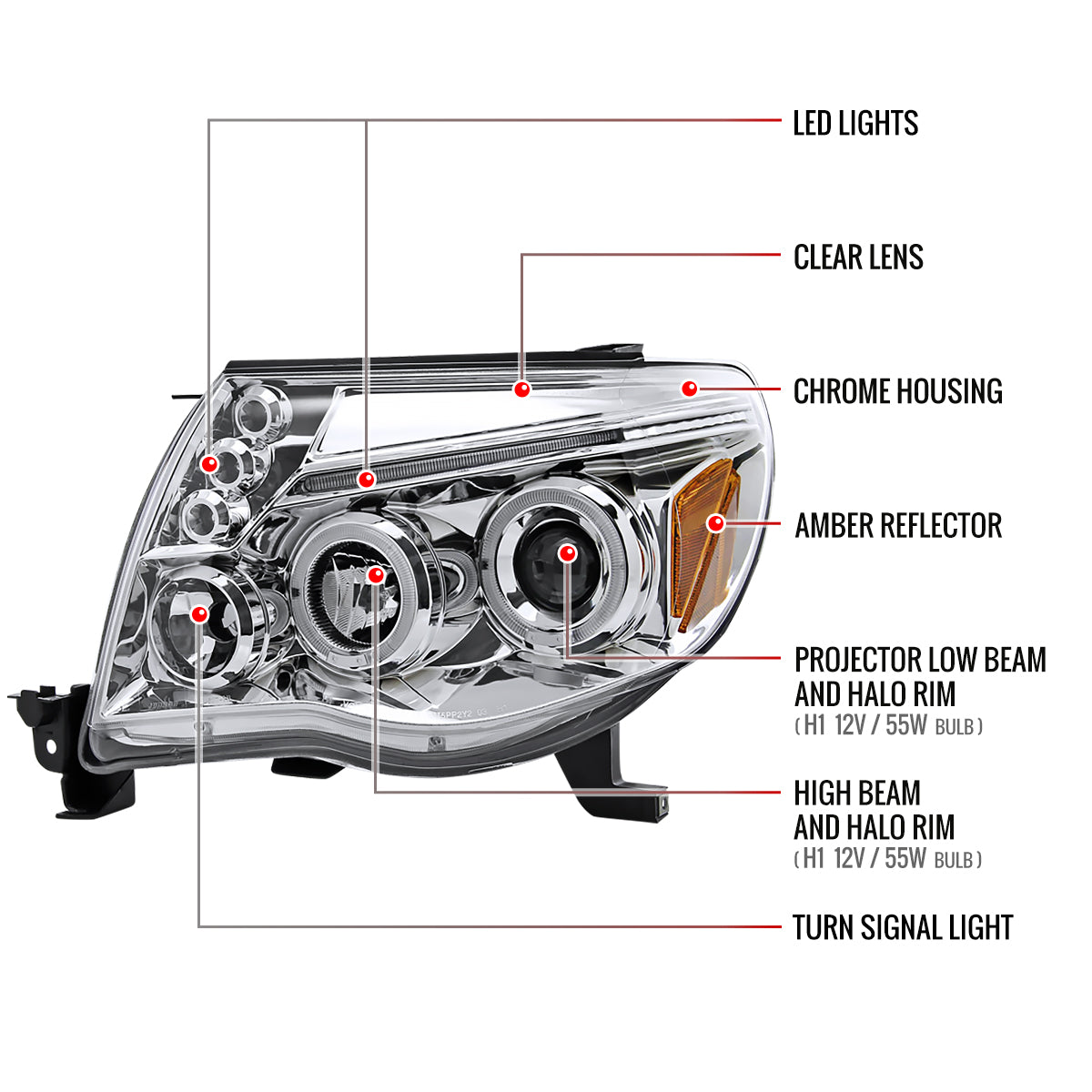 2005-2011 Toyota Tacoma Dual Halo Projector Headlights (Chrome Housing/Clear Lens)