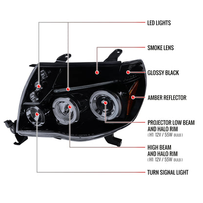 2005-2011 Toyota Tacoma Dual Halo Projector Headlights (Glossy Black Housing/Smoked Lens)