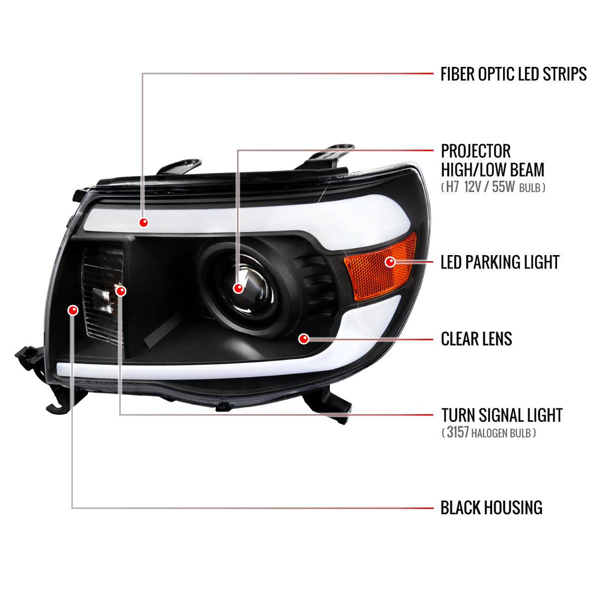 2005-2011 Toyota Tacoma LED Bar Projector Headlights (Matte Black Housing/Clear Lens)