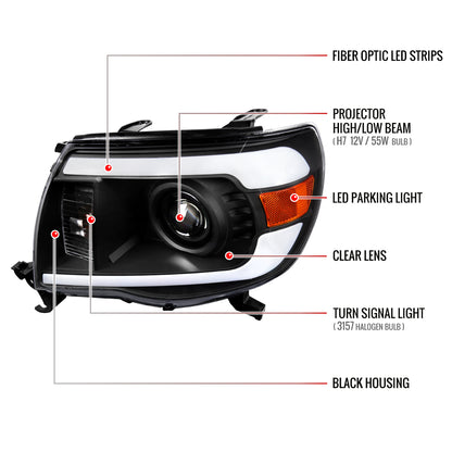 2005-2011 Toyota Tacoma LED Bar Projector Headlights (Matte Black Housing/Clear Lens)