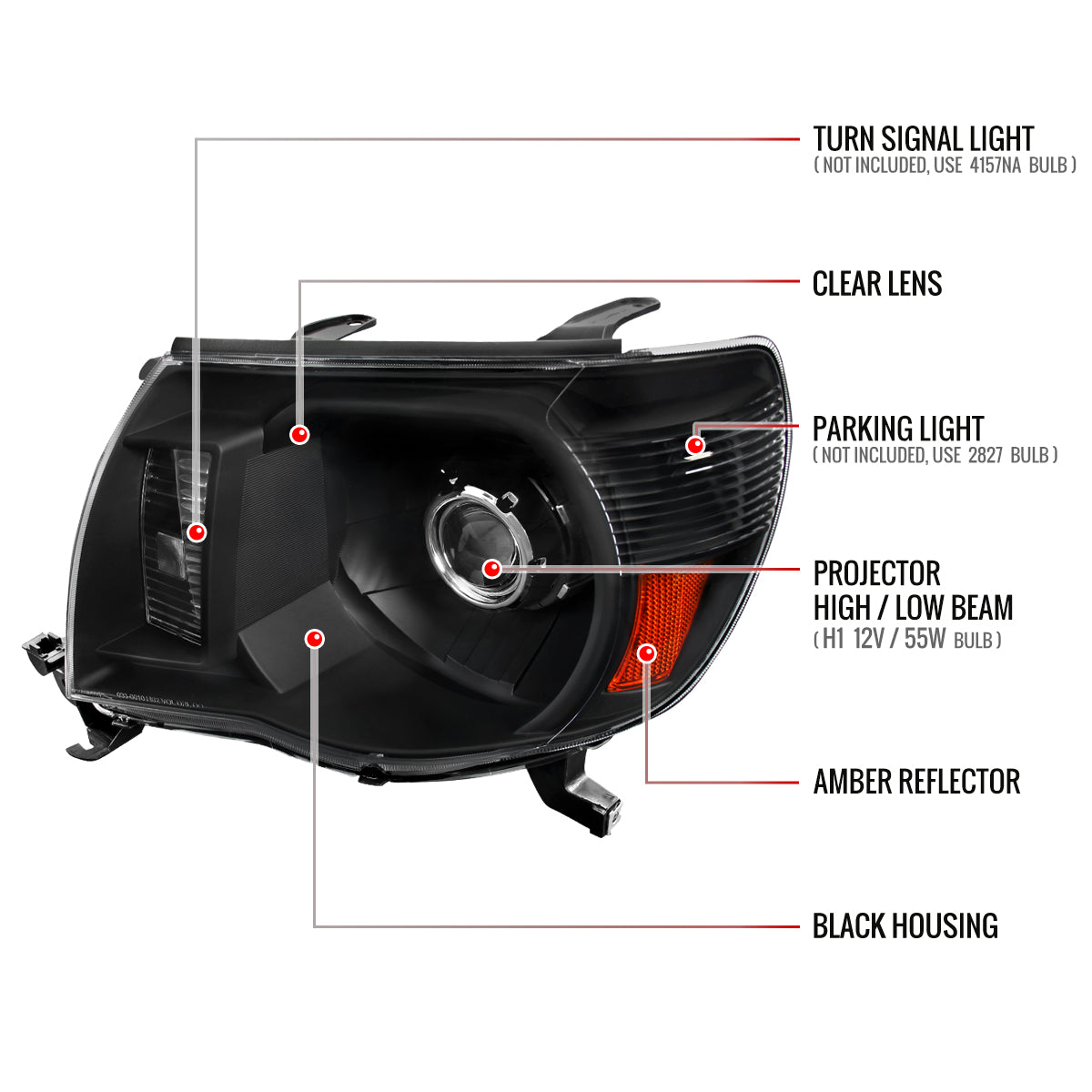 2005-2011 Toyota Tacoma Retro Style Projector Headlights (Matte Black Housing/Clear Lens)