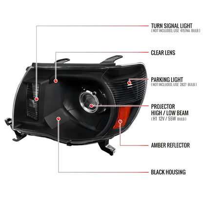 2005-2011 Toyota Tacoma Retro Style Projector Headlights (Matte Black Housing/Clear Lens)