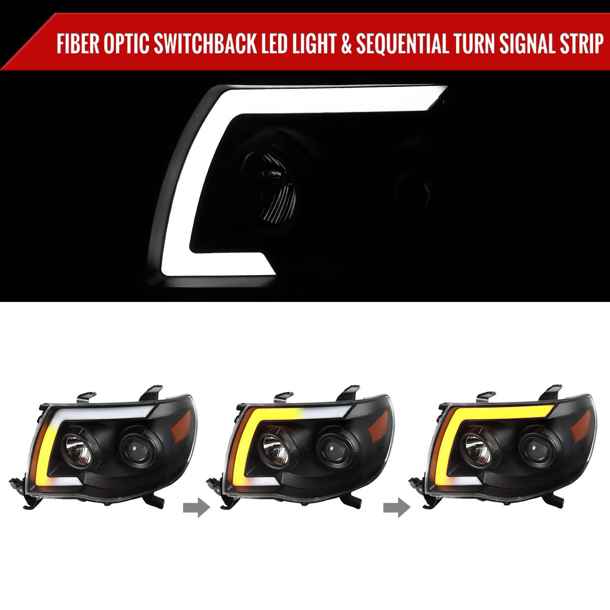 2005-2011 Toyota Tacoma LED Bar Projector Headlights w/ Sequential Turn Signal Lights (Matte Black Housing/Clear Lens)