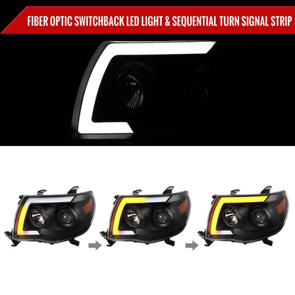 2005-2011 Toyota Tacoma LED Bar Projector Headlights w/ Sequential Turn Signal Lights (Matte Black Housing/Clear Lens)