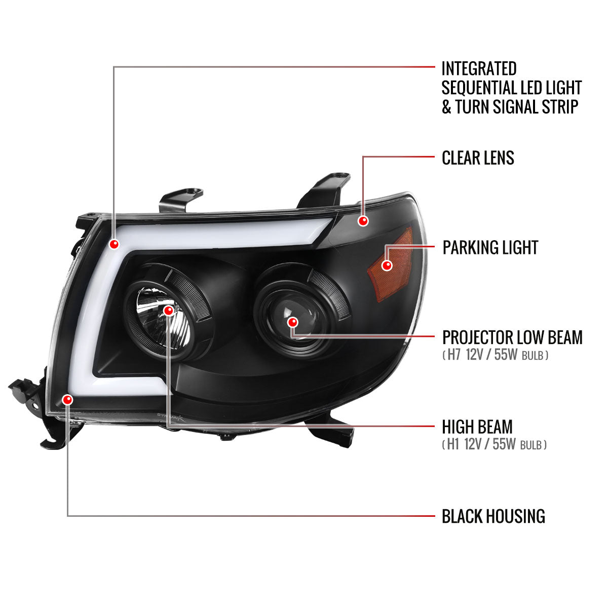 2005-2011 Toyota Tacoma LED Bar Projector Headlights w/ Sequential Turn Signal Lights (Matte Black Housing/Clear Lens)