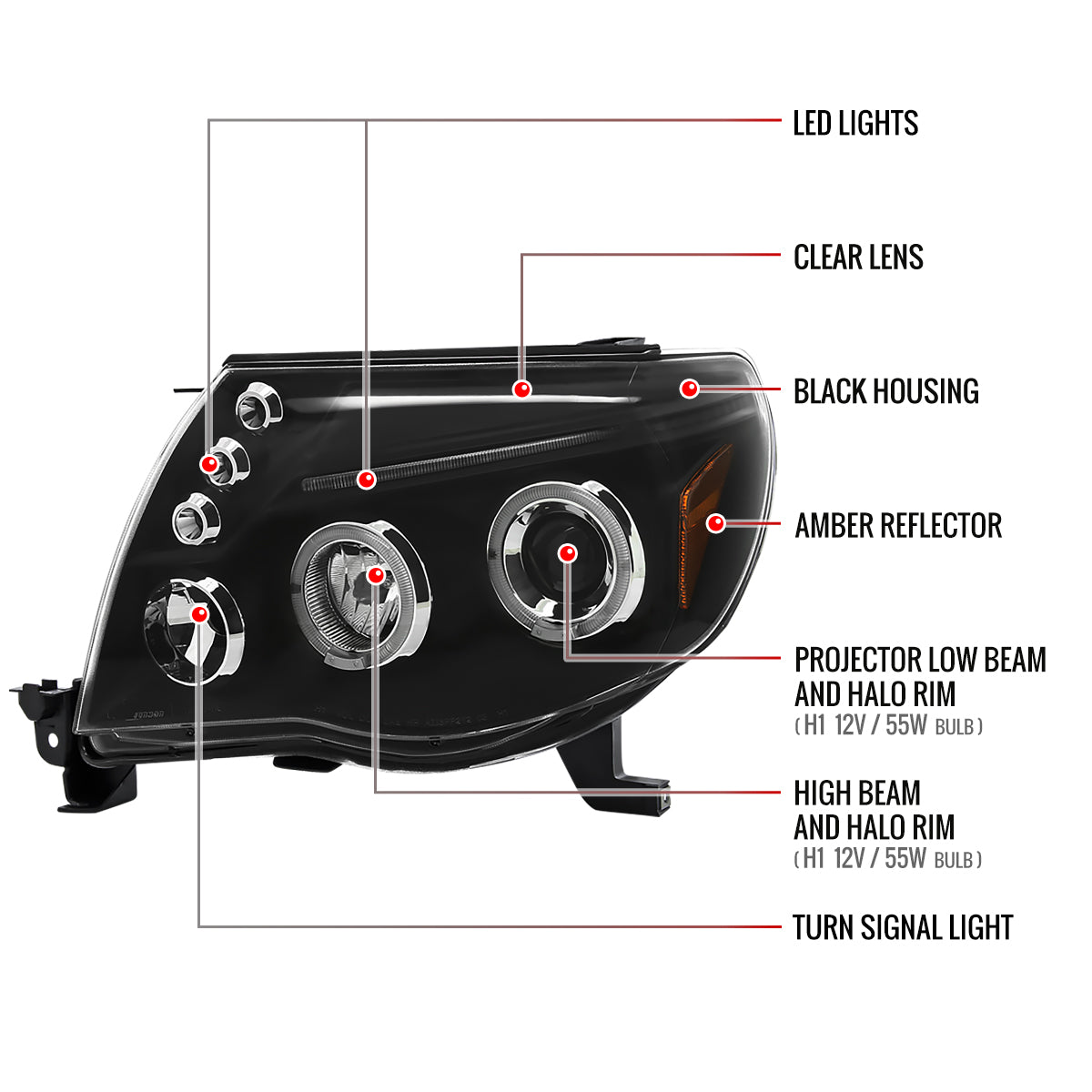 2005-2011 Toyota Tacoma Dual Halo Projector Headlights (Matte Black Housing/Clear Lens)