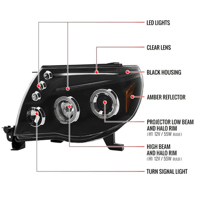 2005-2011 Toyota Tacoma Dual Halo Projector Headlights (Matte Black Housing/Clear Lens)