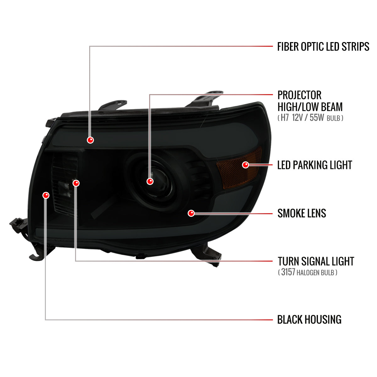 2005-2011 Toyota Tacoma LED Bar Projector Headlights (Chrome Housing/Smoked Lens)