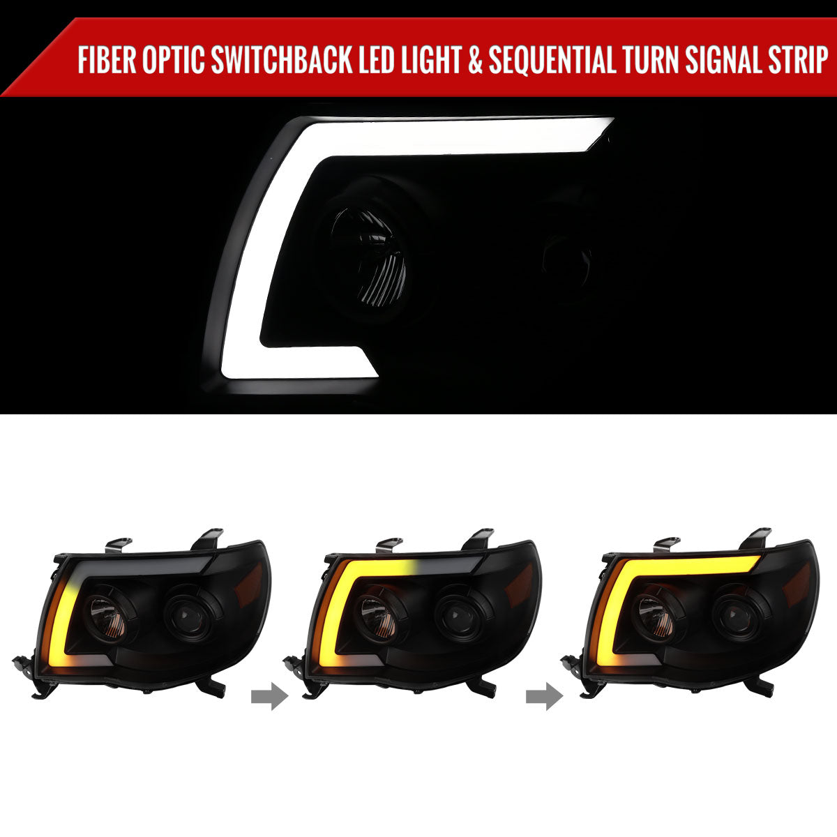 2005-2011 Toyota Tacoma LED Bar Projector Headlights w/ Sequential Turn Signal Lights (Matte Black Housing/Smoked Lens)