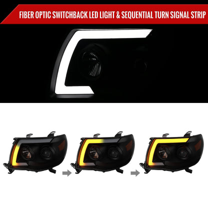 2005-2011 Toyota Tacoma LED Bar Projector Headlights w/ Sequential Turn Signal Lights (Matte Black Housing/Smoked Lens)