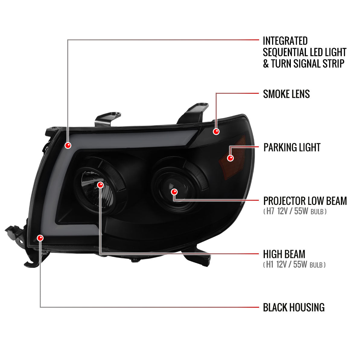 2005-2011 Toyota Tacoma LED Bar Projector Headlights w/ Sequential Turn Signal Lights (Matte Black Housing/Smoked Lens)