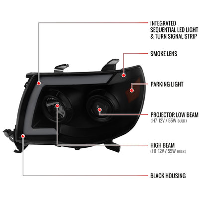2005-2011 Toyota Tacoma LED Bar Projector Headlights w/ Sequential Turn Signal Lights (Matte Black Housing/Smoked Lens)
